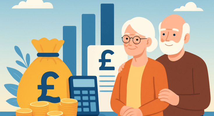 Pension pot with coins, calculator, and rising chart symbolising how annuity rates UK influence retirement income.