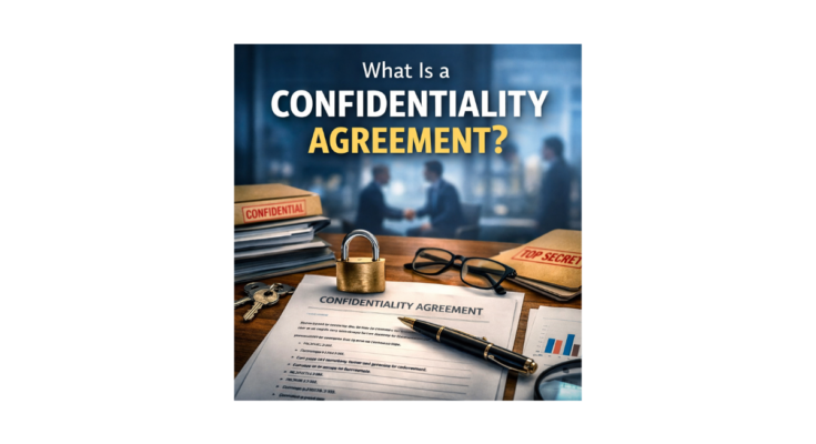 Business desk with NDA, padlock and handshake in background illustrating what is a confidentiality agreement.